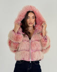 Pelliccia in volpe rosa N133 - taglio orizzontale - bomber in volpe con cappuccio