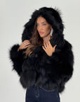 Pelliccia in volpe nero N132 - taglio verticale- bomber in volpe con cappuccio pelo lungo