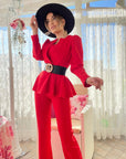 Tailleurs tre pezzi - giacca pantalone e top - giacca con rouche e pantalone palazzo rosso - Jiumir