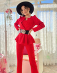 Tailleurs tre pezzi - giacca pantalone e top - giacca con rouche e pantalone palazzo rosso - Jiumir