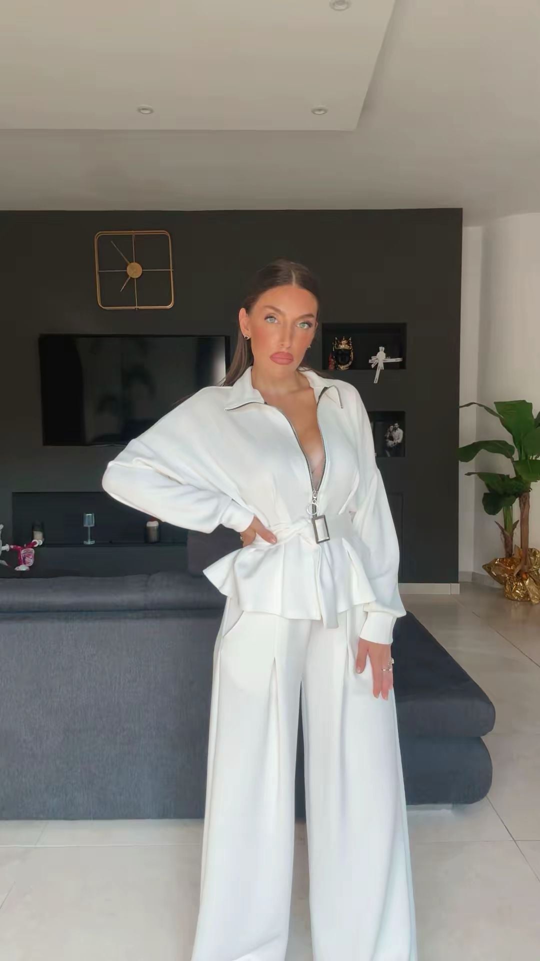 Cordset ALLEGRA - Completo composto da pantalone Palazzo e felpa con Rouge finale, cintura regolabile nel punto vita