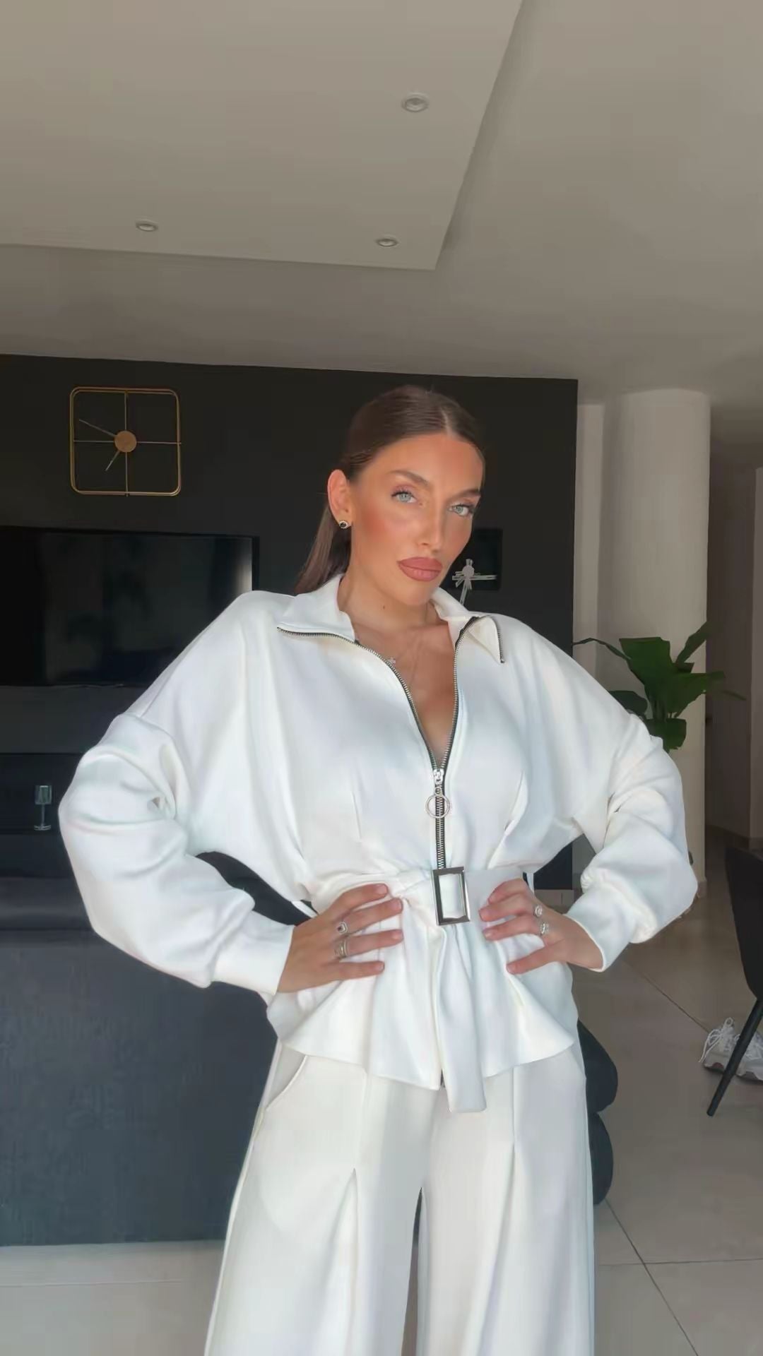 Cordset ALLEGRA - Completo composto da pantalone Palazzo e felpa con Rouge finale, cintura regolabile nel punto vita