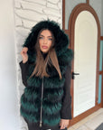 Gilet in volpe color verde - smanicato con cappuccio