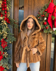 Fur n512- real vertical honey mink fur with hood- Top Quality fur