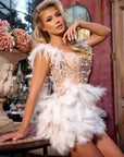 Hina dress - short dress with bodice with beads and skirt with feathers