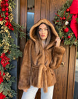 Fur n512- real vertical honey mink fur with hood- Top Quality fur