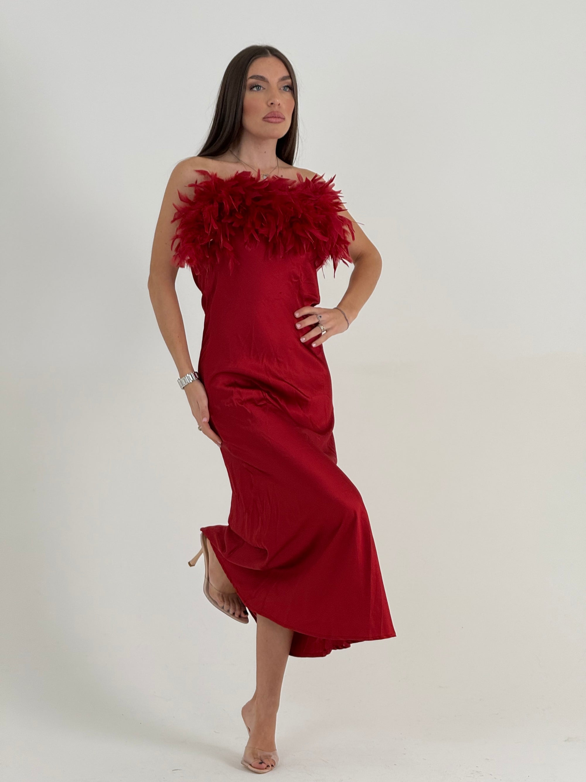 Abito Miguel - abito longuette effetto seta con piume sul corpetto