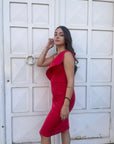 Longuette dress balance with slit and rouche - red