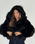 Pelliccia in volpe nero N132 - taglio verticale- bomber in volpe con cappuccio pelo lungo