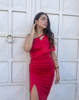 Longuette Dress Balance com fenda e Rouche - vermelho