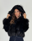 Pelliccia in volpe nero N132 - taglio verticale- bomber in volpe con cappuccio pelo lungo
