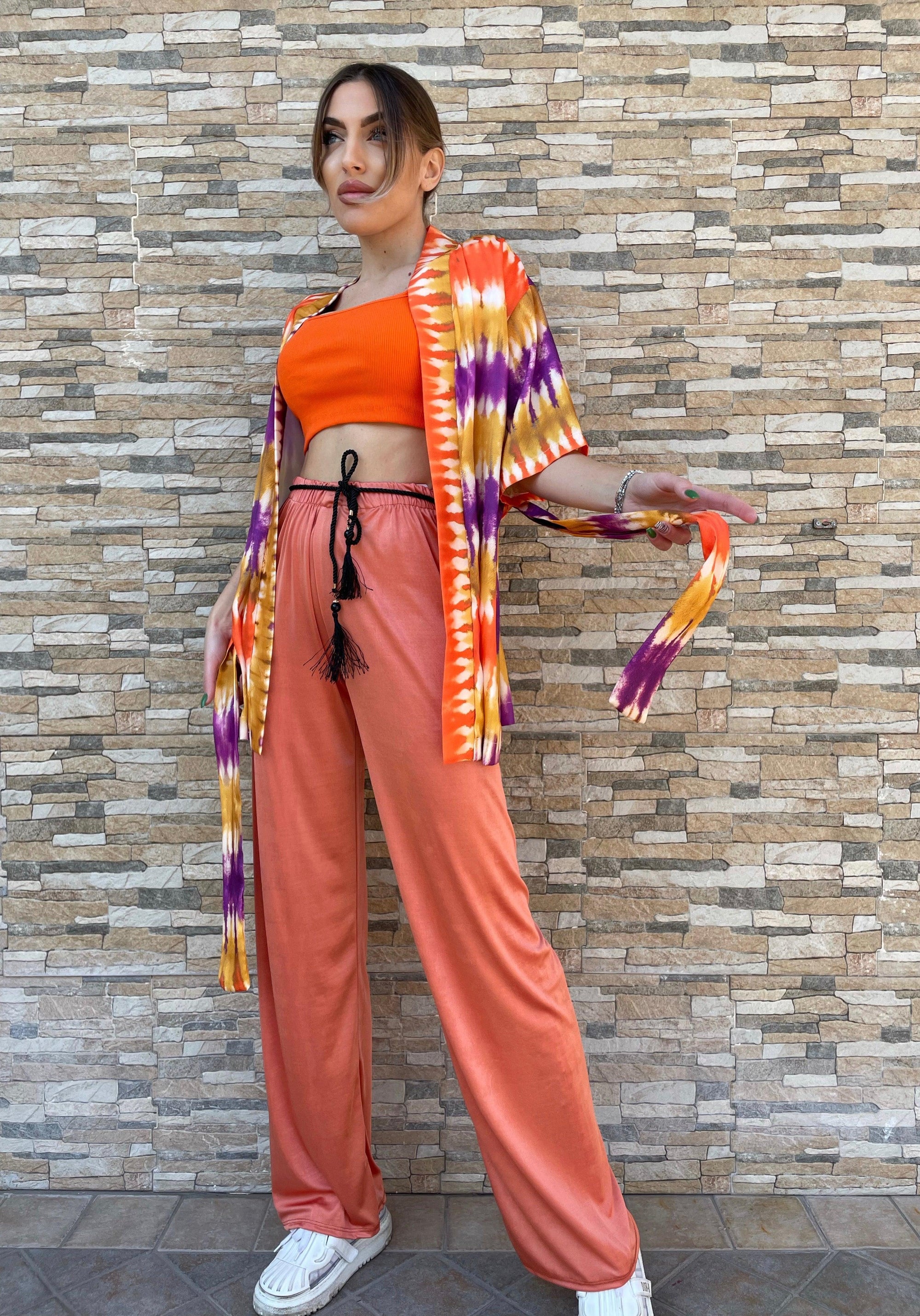 Pantalone palazzo in licra con cintura in vita - colore arancione - Jiumir